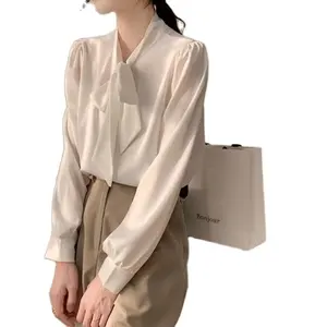 Chiffon Damen Tops Herbst New Bow Soft Business Elegante Schnürung Langarm Blusen