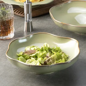 YAYU restaurant utensils banqueting green glaze dinnerware irregular ceramic dinner bowl deep Chinese Dishes Plates