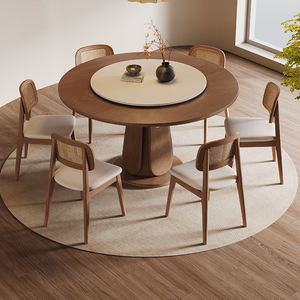 Table à manger ronde en bois massif avec chaises à dossier en rotin, design minimaliste pour petits espaces, ensemble de salle à manger moderne - Product Image 4