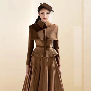 Conjunto de <span class=keywords><strong>Falda</strong></span> Plisada de Tela No Tejida <span class=keywords><strong>con</strong></span> Cremallera Vintage de Tailor Shop, <span class=keywords><strong>Traje</strong></span> Largo de Dos Piezas Marrón Formal para Otoño e Invierno - Product Image 1