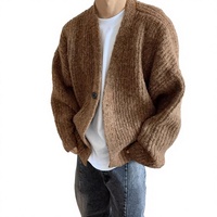 Cardigan tendance style américain col en V en polyester à manches longues marron et bleu pour homme – Collection Automne/Hiver 2025 – Décontracté et polyvalent