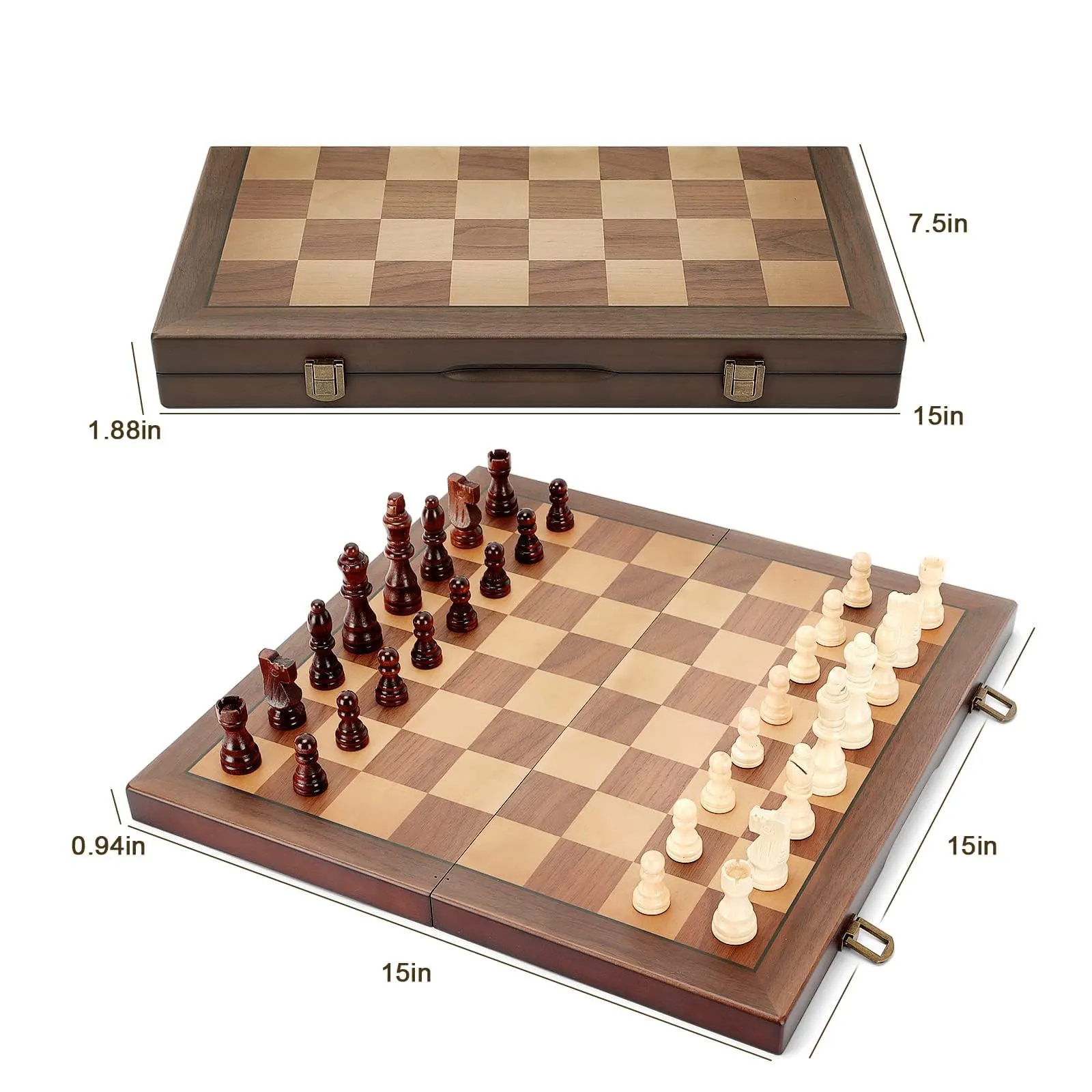 Jeu d'échecs magnétique en bois de 15 "avec pièces fabriquées à la main, match d'échecs de voyage portable pliant pour débutants