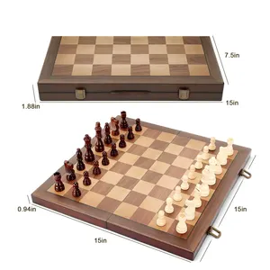 15 "Chess Magnetic Wooden Chess Board Set With Hand-Crafted Pieces Folding Portable Travel Chess Match For Beginners