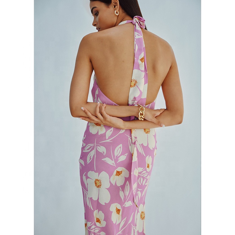 ENYA OEM Custom Printing Halter Tie Neck Bodycon Dress Full Length Deep Open  Back Slim Fit Party Wear High Side Slit Vacation| Alibaba.com