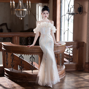 Champagne Evening Gown Women Halter Neck Mermaid Dress Ruffles Natural Waistline Coming Of Age Ceremony Elegant Formal Wear - Product Image 4