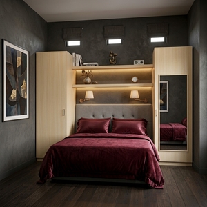 Armoire de lit en contreplaqué et placage de frêne blanc Sungkai, finition naturelle, unité de rangement pour chambre à coucher avec miroir et étagères - Product Image 3