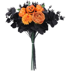 Mazzo di <span class=keywords><strong>zucca</strong></span> con faccia di fantasma artificiale per natale e Halloween rose nere piante verdi simulate foglie di acero nero decorazione - Product Image 1