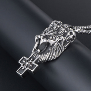 Trendy Men's Titanium Steel Lion Head Pendant With Skull Crown And <b>Cross</b> Flower Design SP494 - Product Image 3