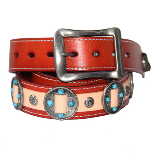 Nouvelle ceinture bohème artisanale en cuir de vachette pleine fleur avec rivets décoratifs, motif géométrique et boucle en alliage - Product Image 6