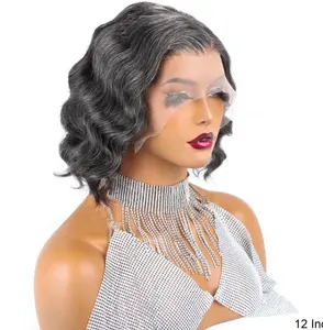 2024 nuevo diseño superventas 100% pelucas de ondas sueltas de cabello humano sal y pimienta Color gris 13X4 peluca frontal de encaje para tu abuela