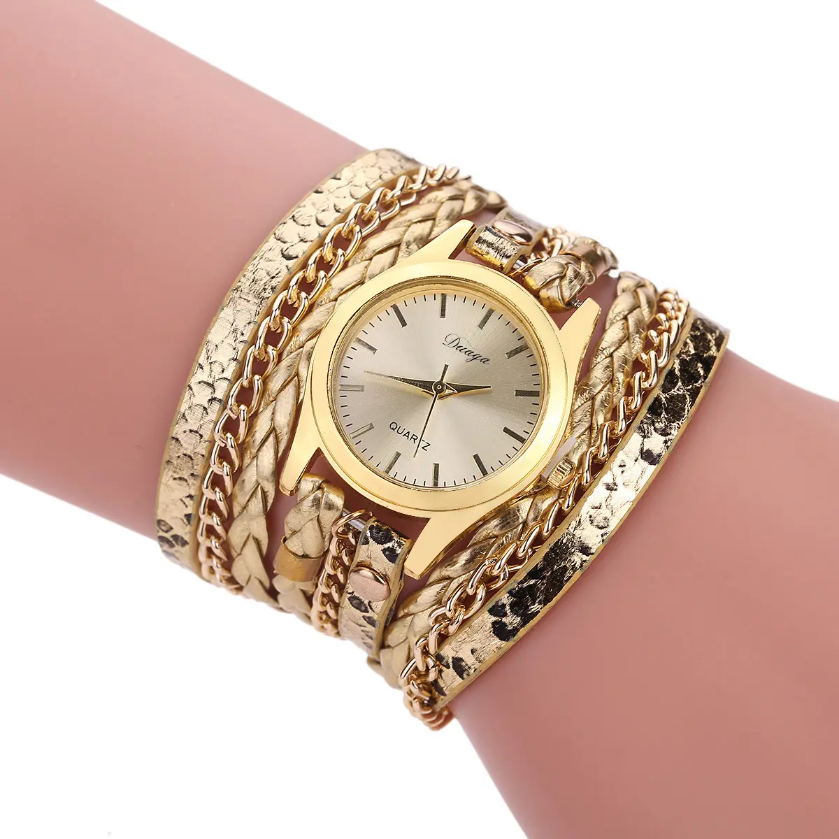 Brand Quartz Watches Women Gold Geneva Bracelet Wristwatch Ladies Dress Woven Leopard Multi Layers PU Leather Strap Watch