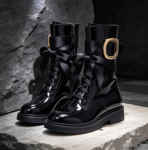 Bottes mi-mollet en cuir verni pour femmes, chaussures d'hiver à lacets et bout rond - Product Image 5
