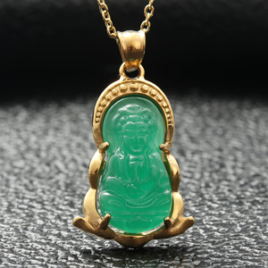 Colgante de Guanyin de Acero Inoxidable con Baño de Oro e Incrustaciones de Jade Verde, Diseño Geométrico, para Hombre y Mujer, 27081 - Product Image 4