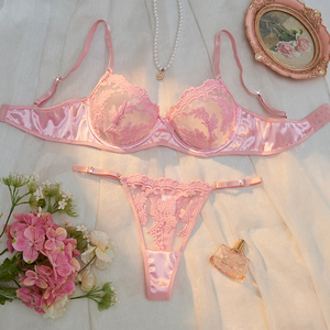 Wholesale Women's Floral Embroidery Sheer Mesh Bra and Thong <b>Set</b> 2 Piece Underwire Lace Lingerie <b>Set</b> Breathable <b>Sexy</b> Bra <b>Set</b> - Product Image 3