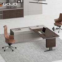 Bureau de direction moderne haut de gamme en forme de L, table de bureau en bois pour PDG, bureau de patron commercial avec armoire de rangement intégrée