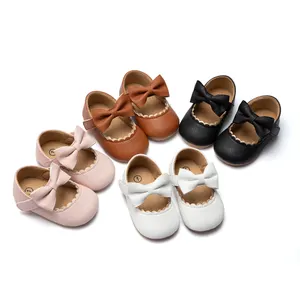 Pabrik Langsung Putri Ikatan Simpul Pernikahan Sepatu Gaun Baru Lahir Mary Jane Datar PU Kulit Karet Sol Lembut Sepatu Bayi Perempuan
