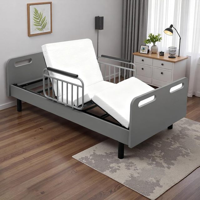 Adjustable Metal Hospital Bed Frame Mattress Wired Remote Control One-Touch Backrest Lift Leg Lowering Home Healthcare
