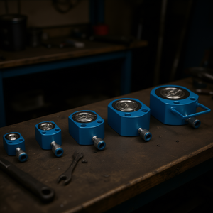 Ensemble de crics hydrauliques Fervi à profil bas, 5 pièces, bleu, design compact pour la réparation automobile - Product Image 3