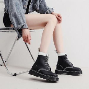 Work boots - Women's hard leather black and white patchwork short boots - Men's and women's smooth leather boots - Product Image 1