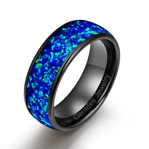 Bijoux pour hommes Bague de mariage en carbure de tungstène à dôme noir de 8mm incrustation d'opale concassée bleue Bague de promesse - Product Image 1