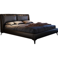 Lit plateforme de style italien minimaliste, luxe léger, en cuir véritable, assemblé, avec cadre en bois et dossier rembourré