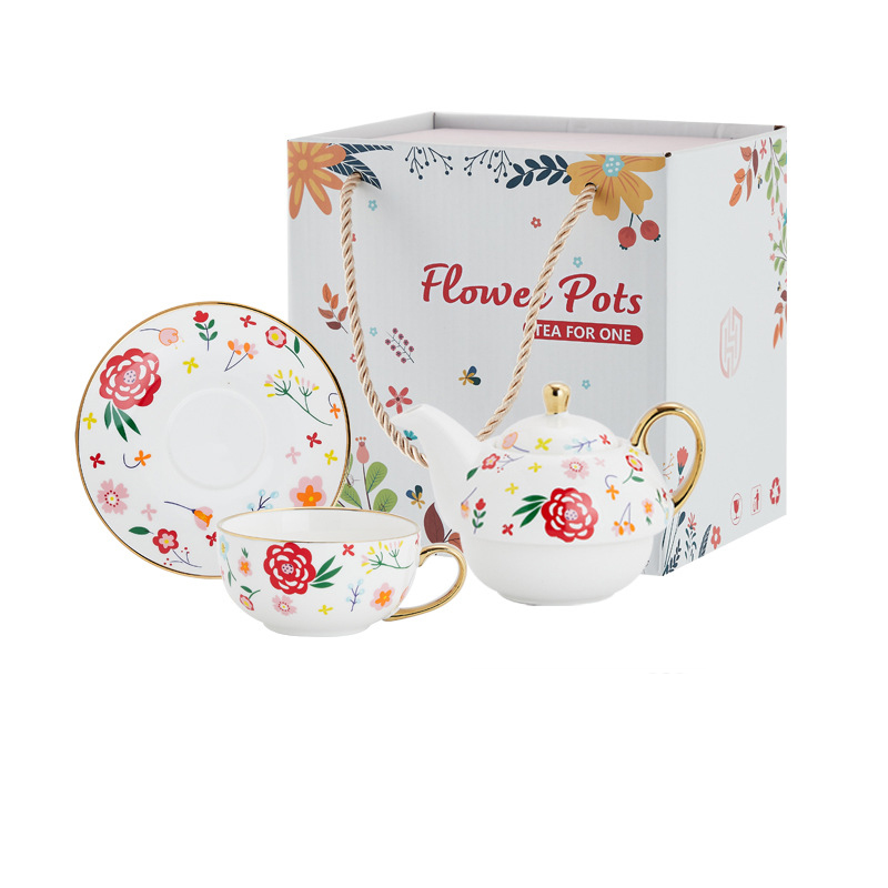 Conjunto de tetera flor roja con oro