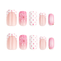 Ongles artificiels minimalistes roses à pois avec motif floral 3D stéréo, réutilisables et amovibles, à presser
