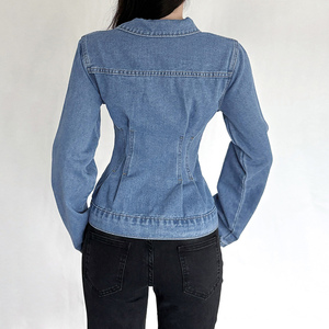 Chemisier Corset Thermique en Jean Rétro pour Femme, Coupe Ajustée, Bleu, Col Revers, Détail Plissé et Volant, Manches Longues, Teint Uni, Automne Hiver - Product Image 6