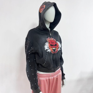 Clothing Manufacturer Dtg Prints logo <b>Cropped</b> Pullover Women Hoodies Sweatshirt Acid Wash Full <b>Zip</b> <b>up</b> Custom Rhinestone Hoodies - Product Image 2