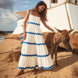 ชุดเดรสยาวทรงเอไลน์แบบสายเดี่ยว ดีไซน์ลายคลื่นหรูหรา ตัดต่อผ้าแบบแพทช์เวิร์ค สำหรับผู้หญิง - Product Image 1