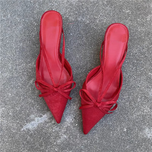 Stylish Pointy <b>Bow</b> Mules Women's Half Covered Low Heel <b>Shoes</b> Ladies Suede Kitten Heels Half-Drag Party Fashion Sexy Sandals - Product Image 4