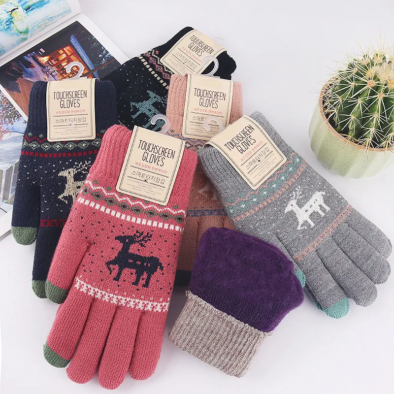 Acrylique personnalisé mignon wapiti cerf tricoté plein doigt écran tactile mitaines gants d'hiver