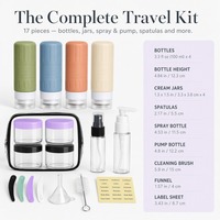 Ensemble de voyage en silicone de 17 pièces, 100 ml, comprenant des flacons souples, des flacons pulvérisateurs, des spatules, un entonnoir, une brosse, des étiquettes et une pochette
