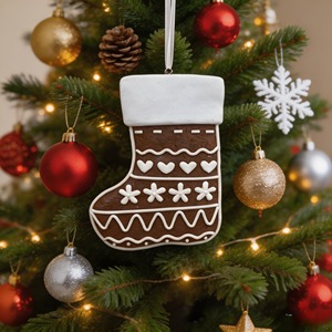 Ornement <span class=keywords><strong>de</strong></span> <span class=keywords><strong>chaussette</strong></span> <span class=keywords><strong>de</strong></span> Noël en pain d'épices avec cœurs et fleurs glacés, décoration suspendue en pâte à modeler pour biscuits <span class=keywords><strong>de</strong></span> Noël - Product Image 4