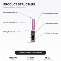 Fer à friser sans fil à ions négatifs 8000 mAh, sans cordon, anti-brûlure, barillet en céramique, 3 niveaux de chaleur 170-210°C, chauffe rapide, LED, portable