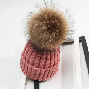 고품질 겨울 모자 니트 여우 모피 pompom 럭셔리 비니 모자 여성 키즈 커프 늑골이있는 두개골 모자