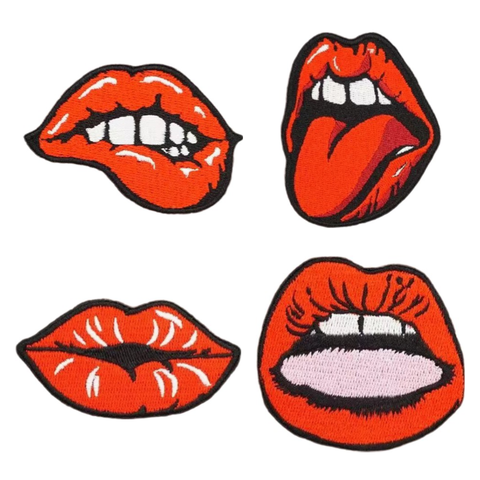 Women's Red Lipstick Embroidery Iron-On Patches 3D Felt Fabric Jackets Coats Punk DIY Hook Loop Backing Hat Decoration PU