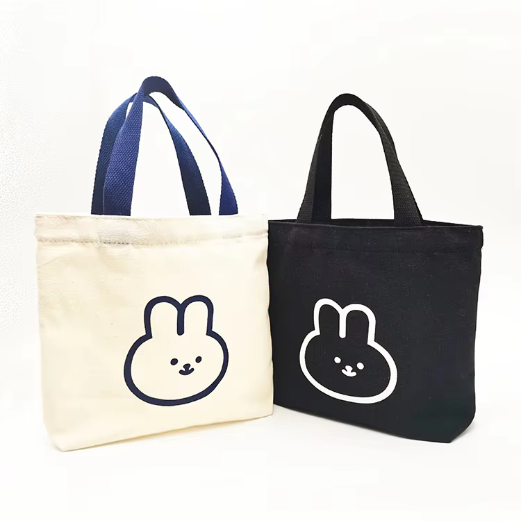 New Popular Cute Cartoon Rabbit Customized Small Canvas Cotton Tote Bags With Printed Logo