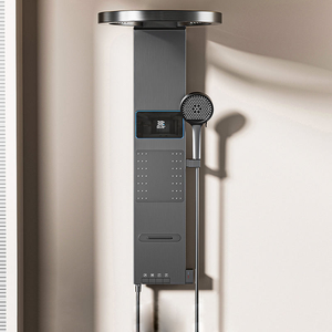 Système de panneau de douche gris intelligent-<span class=keywords><strong>Colonne</strong></span> cascade en aluminium Mélangeur de douche thermostatique à trois voies avec bec et éclairage d'ambiance LED - Product Image 2