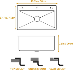 Fregadero de cocina rectangular de acero inoxidable de 50 x 45 cm con un solo seno, orificio para grifo, sobre encimera, lavabo utilitario - Product Image 4