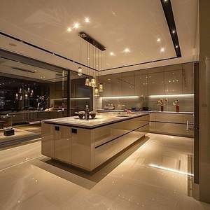 Diseño de Cocina Modular de Lujo con Gabinetes con Acabado de Madera, Isla Grande, Encimera de Mármol, Iluminación Cálida e Interior Premium - Product Image 4