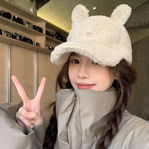 Little Heart Bunny Ear Lamb Baseball <b>Cap</b> Beige <b>Winter</b> Hat For Women Cute Style Warm Autumn And <b>Winter</b> Casual Wear - Product Image 2