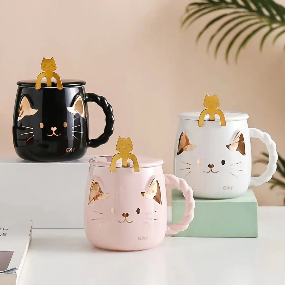 Japanese Mug Cartoon Children Cute cat Pattern Ceramic Coffee Milk Mugs With Lid And Spoon
