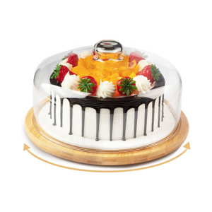 Support à gâteau en bambou avec couvercle en verre, plateau rotatif pour cupcakes avec couvercle, support à gâteau avec base tournante - Product Image 1