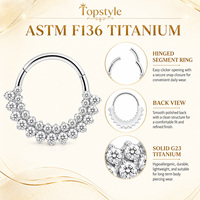 Anneau clicker segmenté en titane G23 robuste et hypoallergénique avec incrustation dense de zircone cubique pour la décoration du septum, du nez, de l'oreille et du cartilage