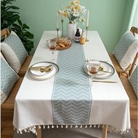 Nappe rectangulaire en lin Pengcen Chine pour salle à manger/fêtes, décoration de table 140x220 cm, bord à pompons, vert et blanc
