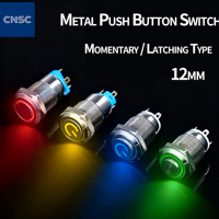 Interrupteur à bouton-poussoir métallique de 12 mm, éclairé, à maintien ou momentané, tête plate, mini bouton LED rond