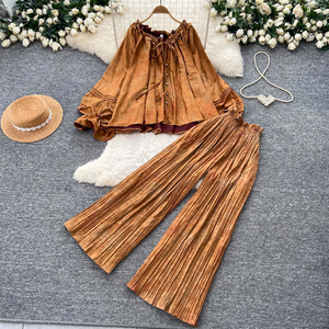 Conjunto de 2 piezas para <span class=keywords><strong>mujer</strong></span> con hombros descubiertos, top con cuello con volantes y cordón, pantalones plisados de pierna ancha, estilo casual y holgado para primavera y otoño - Product Image 2