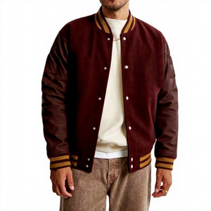 Veste universitaire bordeaux pour homme avec bordure beige, boutonnée, décontractée, en mélange de coton, pour l'automne, coupe classique, col rabattu 2027 - Product Image 1