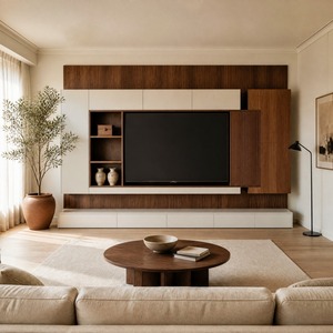 Mobile TV in Legno di Noce, <span class=keywords><strong>Moderno</strong></span> e Minimalista, con Ante a Doghe Senza Maniglie, Console Multimediale con Cassetti, Unità TV da <span class=keywords><strong>Parete</strong></span> per <span class=keywords><strong>Soggiorno</strong></span> - Product Image 1